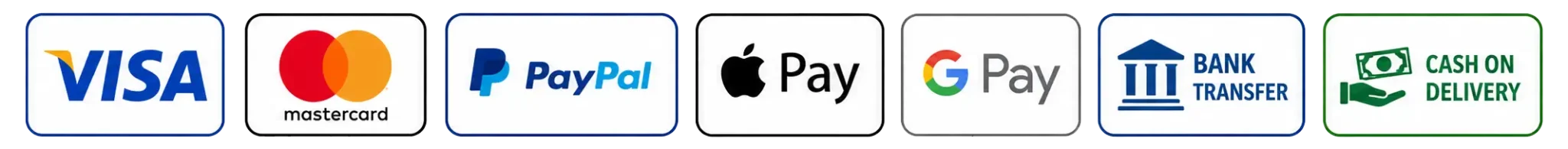 Τρόποι πληρωμής: Visa, Mastercard, PayPal, Apple Pay, Google Pay, τραπεζική κατάθεση, αντικαταβολή