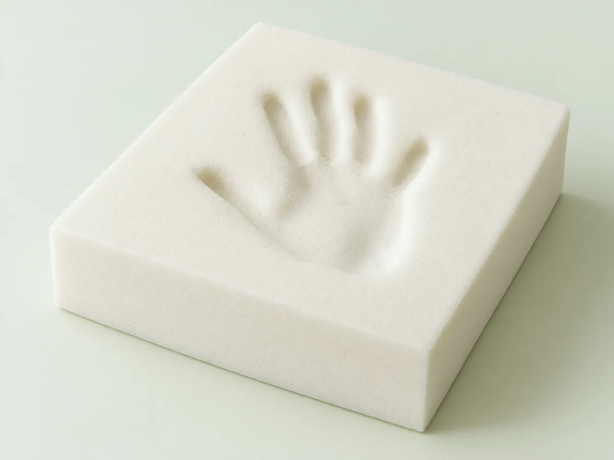 Αποτύπωμα παλάμης σε αφρό memory foam που επανέρχεται αργά. Γενική εικόνα του υλικού.